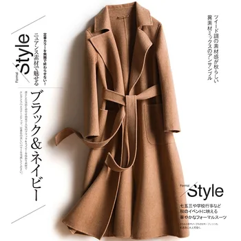 

Hot Promotion Long Slim Elegant Korean Style Wool Coat with Belt Modern Turndown Collar Outwear New Manteau Long Coats Women