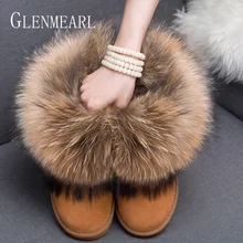 Женские ботинки из натуральной кожи с натуральным лисьим мехом; брендовая зимняя обувь; Теплые повседневные черные женские зимние ботинки с круглым носком размера плюс