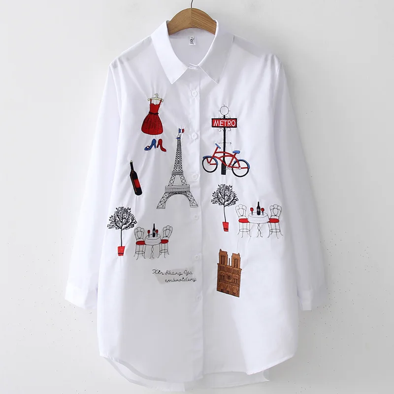 New White Shirt Casual Button Up Turn Down Collar Female Blouse Long Sleeve Cotton Blouse Embroidery Blouse Lady 5083 50 - Цвет: White-Iron Tower
