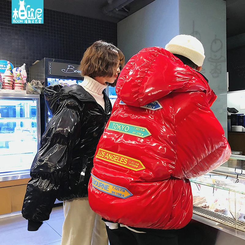 Блестящая зимняя куртка для женщин 5xl пуховик с капюшоном в стиле бойфренда уличная ветрозащитная куртка с принтом женская верхняя одежда