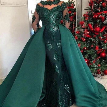 

Green Satin New Elegant Long Sleeves 3D Lace Appliques Detachable Skirt Wedding Guest Vestido De Festa Mother Bride Dresses