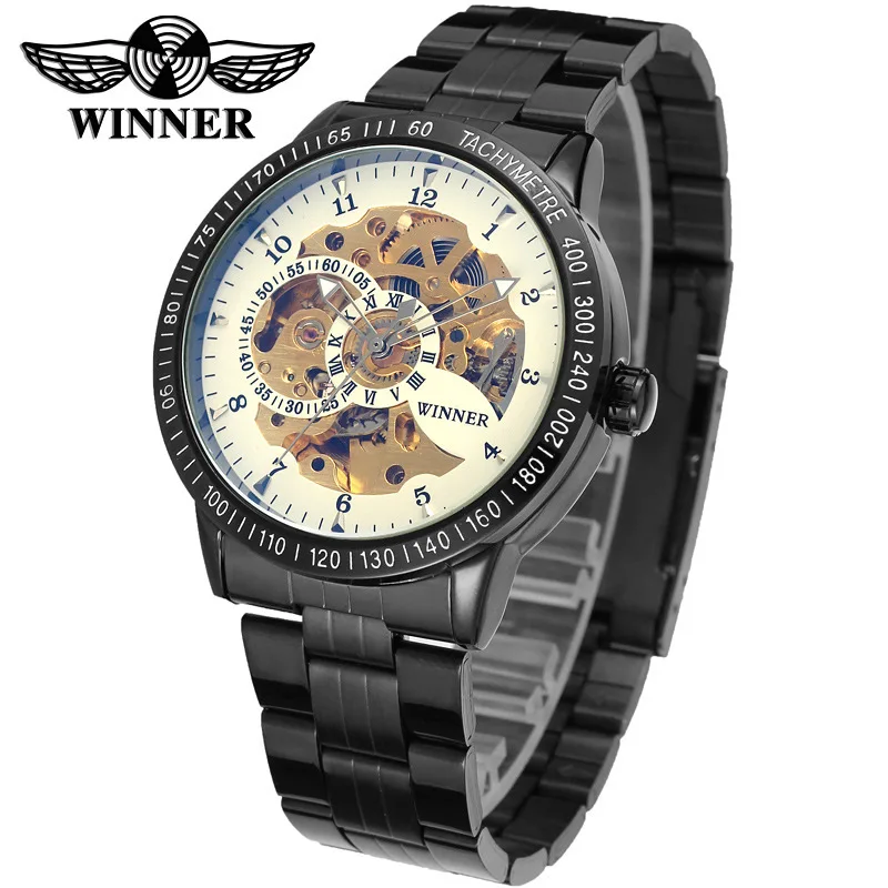 

Men's Steel Belt-Style Table Winner Blueray Analog Watch Blue Glass Hollow out Fully Automatic Analog Watch