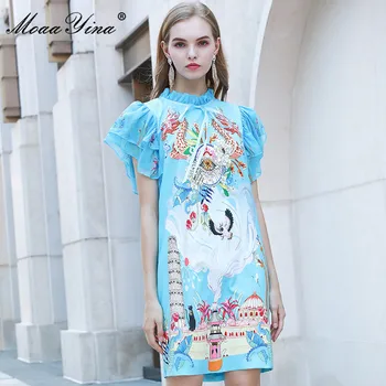 

MoaaYina Fashion Designer dress Summer Women's Dress Stand Collar Animal Plant Printed A Line Short Mini Party Dresses