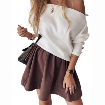 

Women Clothing Sexy Soft Plush Off Shoulder Solid Casual Loose Long Sleeve T-shirt Ladies Buttons European Style Tops SJ4279E