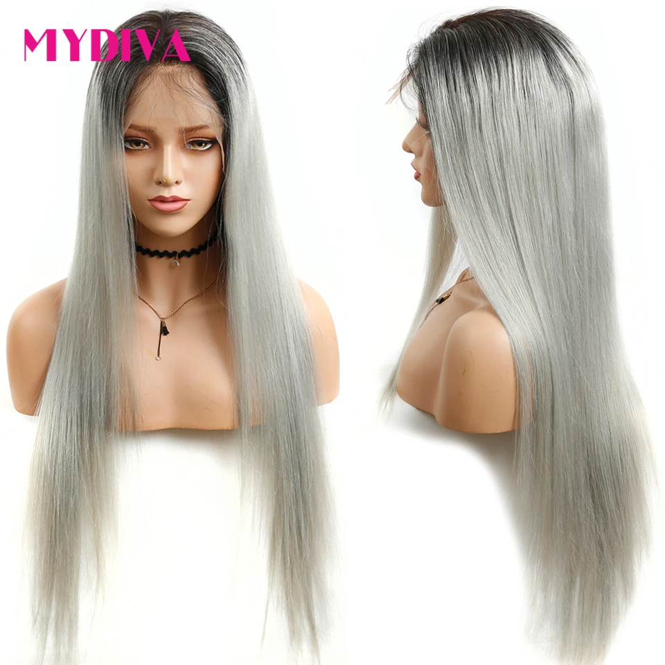 

13x4 Lace Front Wigs For Women Ombre T1B/Grey Human Hair Wig 150% Density Brazilian Straight Lace Frontal Wigs Pre Plucked Remy