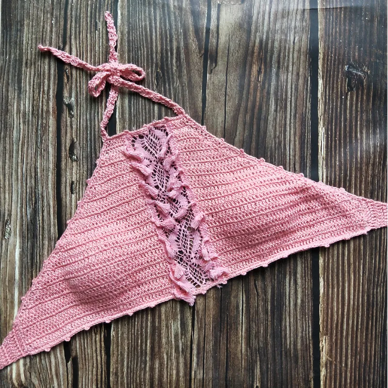 Бикини Топ вязаный купальник ручной работы Boho пляж короткий топ, бюстгальтер без косточек сплошной Холтер кисточкой вязаный купальник Обложка бразильский