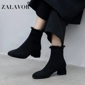 

ZALAVOR Women Ankle Boots Winter Warm Fur High Heel Shoes Solid Color Round Toe Zipper Women Office Lady Footwear Size 31-44