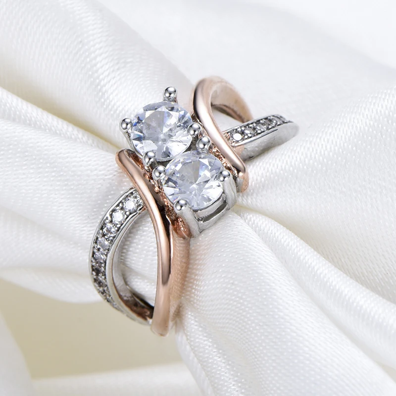 Luxury Sparkly Round Crystal Zircon Two-tone Ring For Women Engagement Wedding Rings Female Fashion Party Jewelry