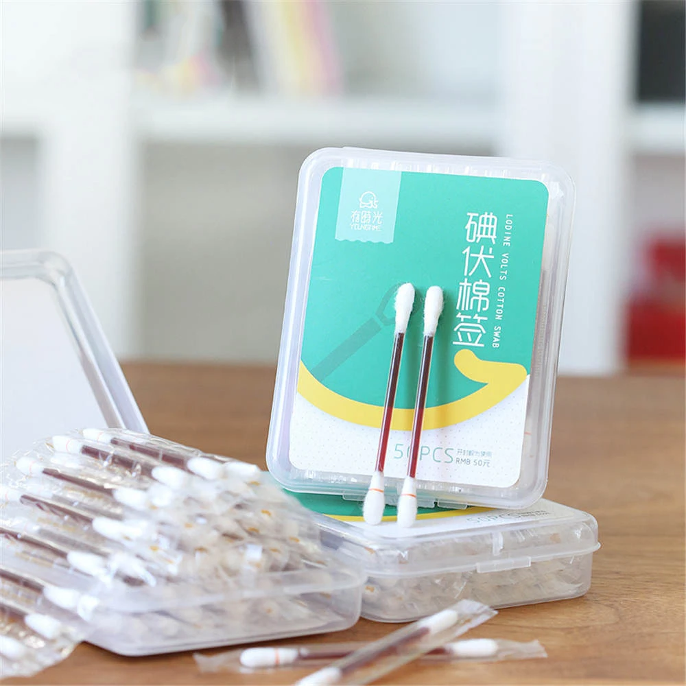 50PCSLot Cotton Swab Medical Alcohol Disposable Emergency Cotton Stick Iodine Swab Disinfected Swab for Children Adults Baby (6)