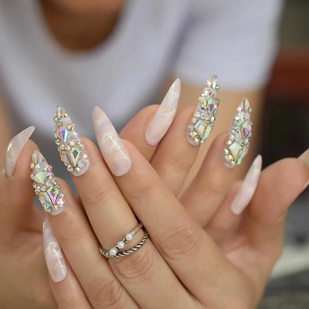 Gorgeous Luxury Press On Nails Extra Long Light Marble Colorful Crystal Faux Ongles with Large Rhistones AB Perfect Party