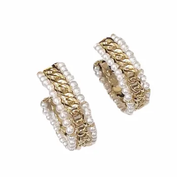 

New Double-row Pearl Golden Chain Circle Stud Earrings Jewelry Accessories For Valentine's Day Gift Wedding Anniversary Gift