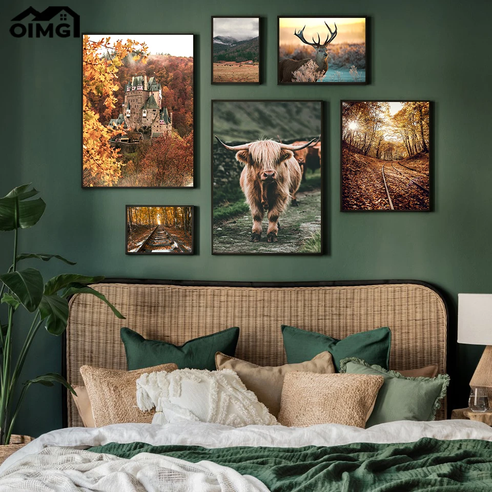 

Autumn Forest Deer Cow Canvas Prints Poster Nordic Landscape Castle Rail Fallen Leaves Painting Home Decor Picture Wall Art