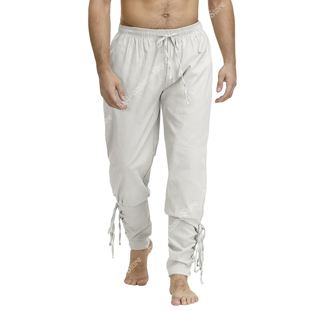 Medieval Pants for Men Pirate Viking Costume Pants Plus Size Trousers Pirate Cosplay Costume With Drawstrings white