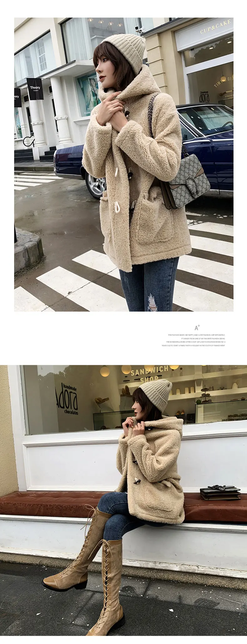 Handmade New design high quality long Wool Coat Hat collar Loose Thickening coat Short style Big button Pocket decoration