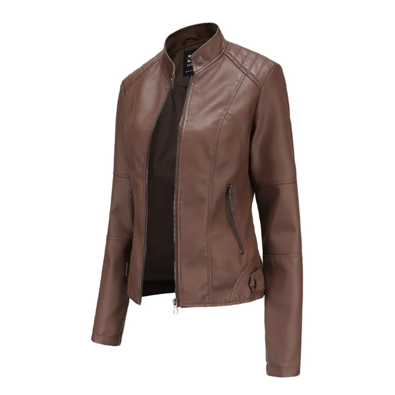 New Spring Women's Leather Slim Fit Jacket Thin PU Jacket Ladies Motorcycle Wear Large Size Stand-up Collar Leather Jacket