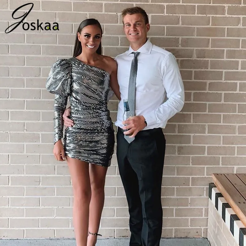 Joskaa, сексуальные вечерние платья для женщин, без бретелек, на одно плечо, пышные рукава, высокая талия, платья для женщин, осень, модная новинка