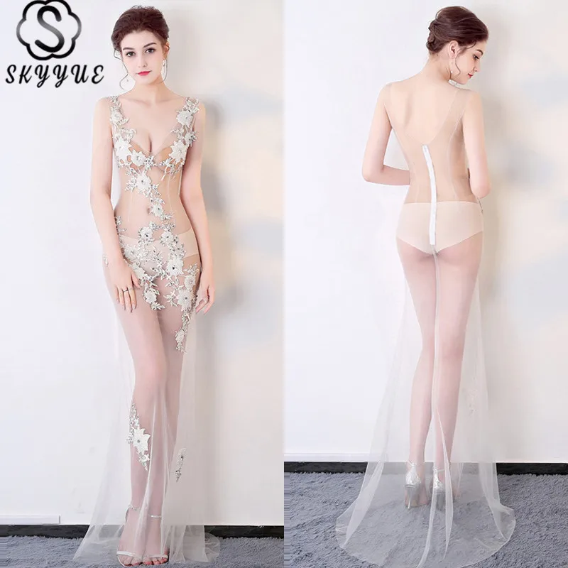 

Skkyue Evening Dress Appliques V-Neck Sleeveless Women Party Dresses Perspective Mermaid Crystal Robe De Soiree H040