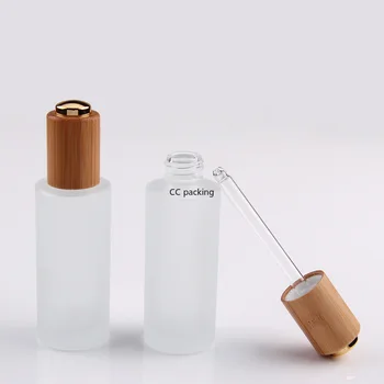 

100pcs flat shoulder 30ml frosted glass bottle with bamboo press drop cap essential oil bottle perfume bottle beard oil bottle