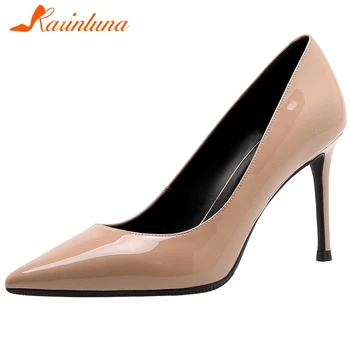 

Karinluna 2020 Hot Sale Patent Leather Thin High Heels Shoes Woman Pumps Female Pointed Toe Slip-On Office Lady Pumps Women