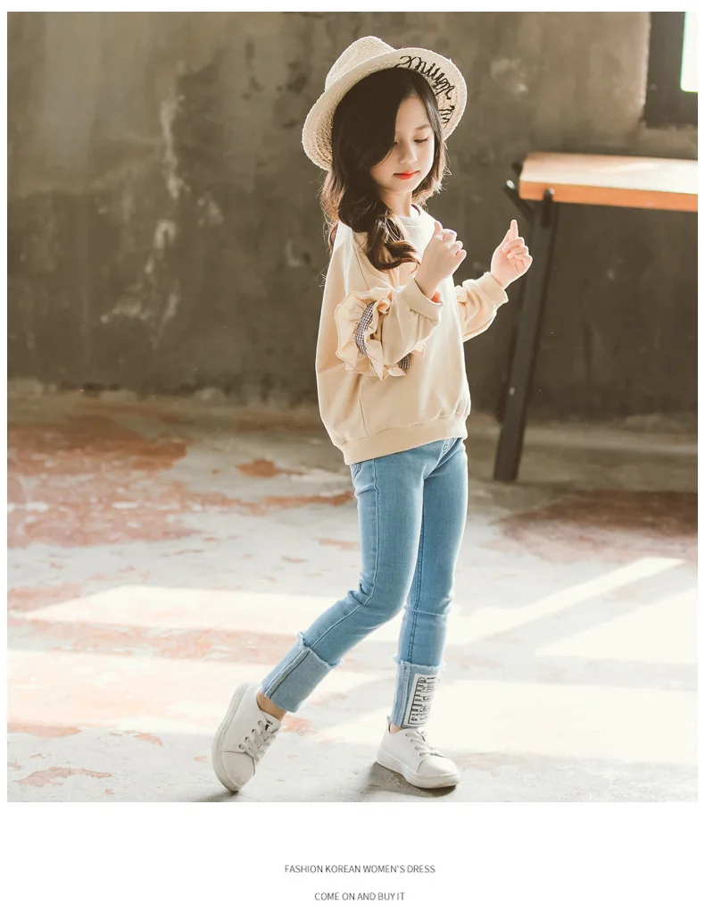 Весенние комплекты одежды для девочек Однотонная рубашка с длинными рукавами+ джинсы осенний костюм принцессы Детский костюм