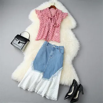 

2020 Summer Runway Suit Skirt Top 2 Piece Set Women Fashion Designer Outfits Print Chiffon Blouse and Embroidery Denim Skirt Set