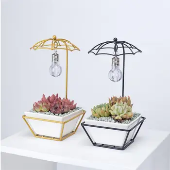

1 Set Creative Flower Bowl Iron Rack Flowerpot Mini Succulent Planter Bonsai Storage Pot Gardening Supply with Light Bulb