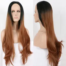 Черный Омбре коричневый натуральный прямой синтетический 13*3 парик фронта шнурка бесклеевой стойкие волокна волос свободный пробор для женщин парики