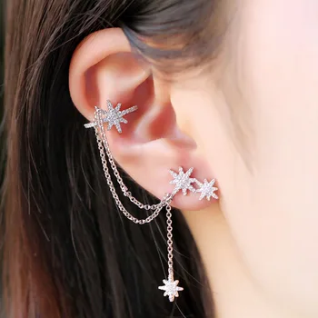 

Baoyocn High Quality S925 Sterling Silver Meteorites Ear Cuff with Stud Zircon CZ Stars Chain Clip Earrings Women Brand Jewelry