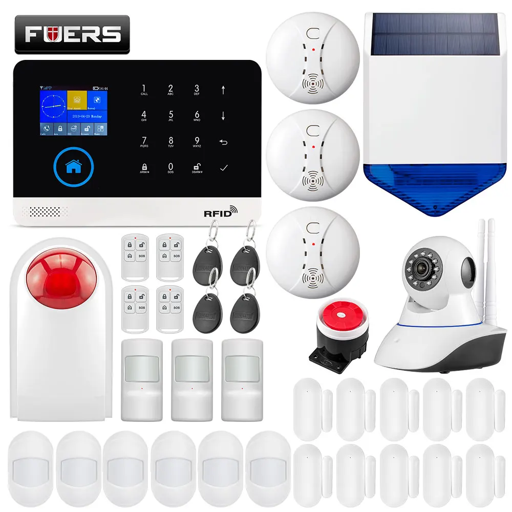 

New PG103 WiFi GPRS GSM Home Security Alarm System APP RFID Control Solar Flash Siren Smoke PIR Motion Detector Home DIY Kit