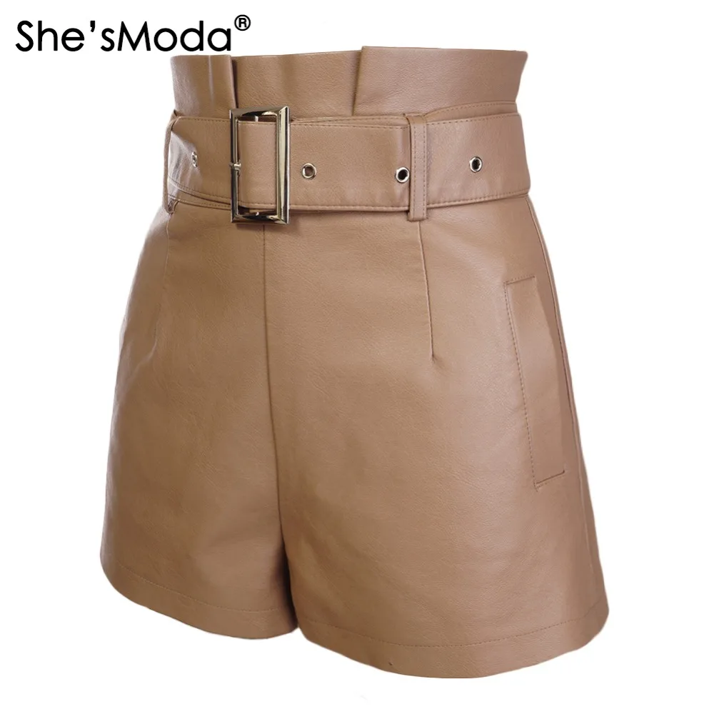 She'sModa из искусственной кожи ремень новые женские с высокой талией Прямые шорты с карманом размера плюс