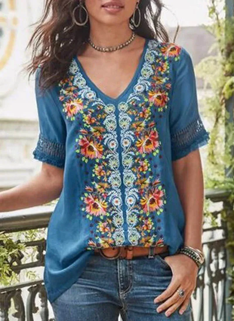 

Plus Size S-5XL Fashion Casual Floral print Blouse V-neck Short Sleeve Butterfly Shirt Elegant Vintage Ladies Blouses