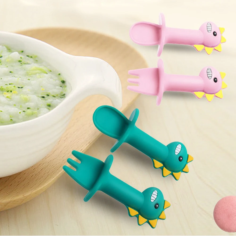 

Baby Learning Spoon Fork Set Short Handle Easy Spoon Soft Silicone Utensils Bite Toy Feeding Cutlery Dinosaur Spoon Tableware