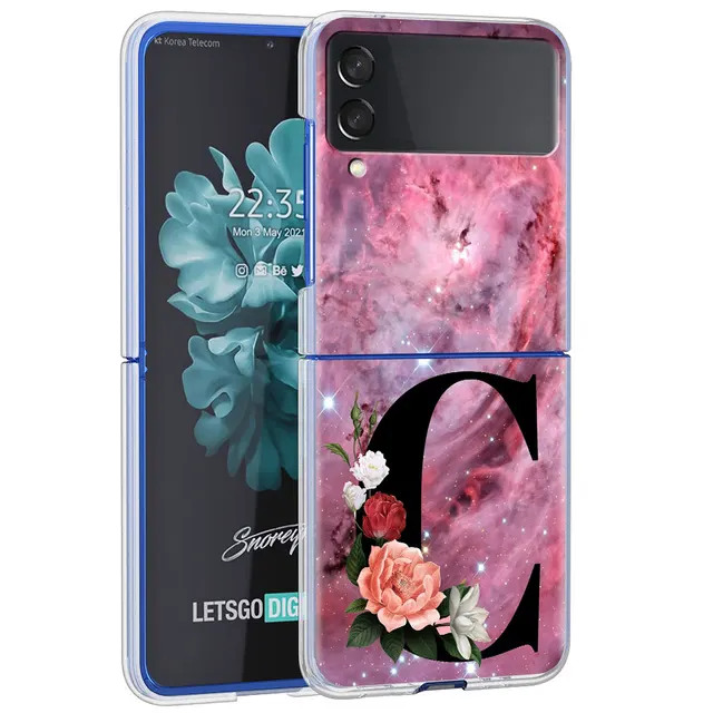 Letter A B Flowers Pink Case For Samsung Galaxy Z Flip 3 5G Transparent Hard Cell Phone Cover ZFlip3 Clear PC Luxury Fundas H03