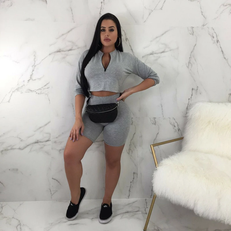 

1PC Women Sports Suit Crop Top Pants Outfit Workout Clothes Tracksuit Normcore/minimalist Zip up Neck Solid Color Casual
