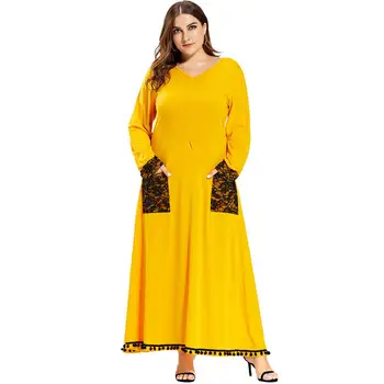 

2020 New Women Casual Maxi Long Dress V Neck Lace Pockets Tassels Yellow Muslim Abaya XL XXL 3XL 4XL