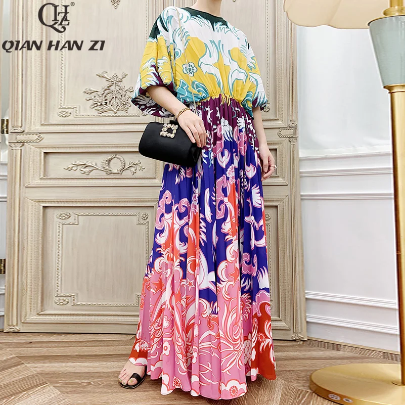 Top Buy bhlS1 Qian Han Zi 2019 Brand Autumn Designer Runway Fashion Maxi Gown Women's Long Sleeve Vintage Print Pleated Long Beach Dress