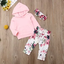 Pudcoco/Одежда для новорожденных девочек Однотонные топы с длинными рукавами и капюшоном, длинные штаны с цветочным принтом повязка на голову, комплект одежды из 3 предметов