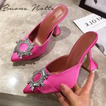 

Summer Fashion Sandals Women Silk Satin Pointed Toe Rhinestone Crystal High Heels Lady Wedding Slip On Pumps Party Shoes
