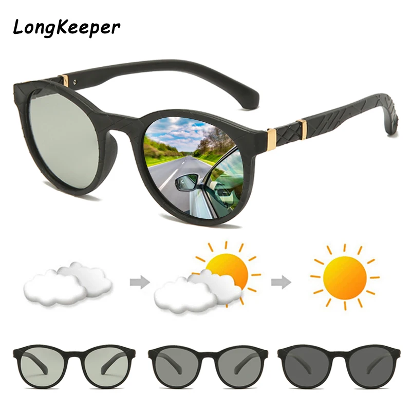 

LongKeeper Round Men Photochromic TR90 Frame Sunglasses Retro Color Change Driving Women Polarized Sun Glasses Eyewear Goggles