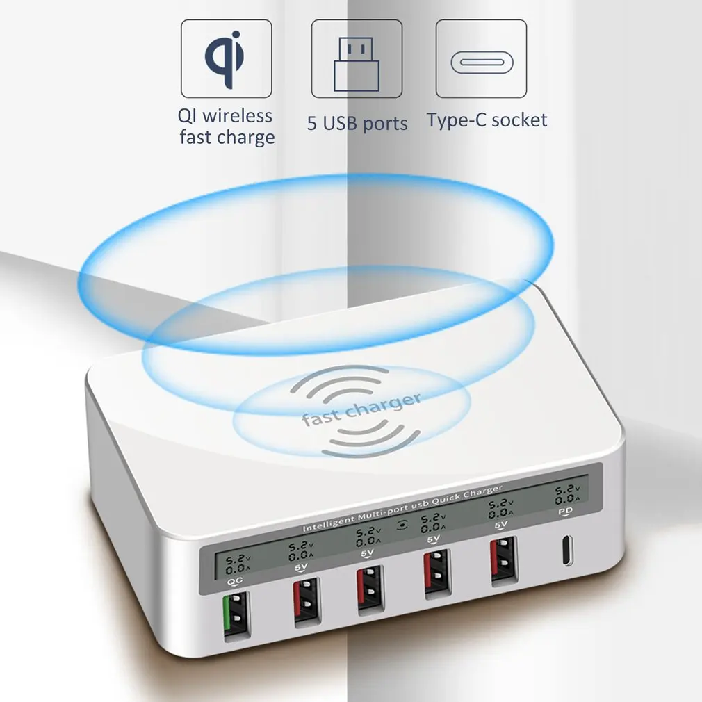 

QC 3.0 USB Charger pd Ports Smart Charging Multi-Port Travel Charger LCD Digital Display Station Multi-Port USB Charging Plug US