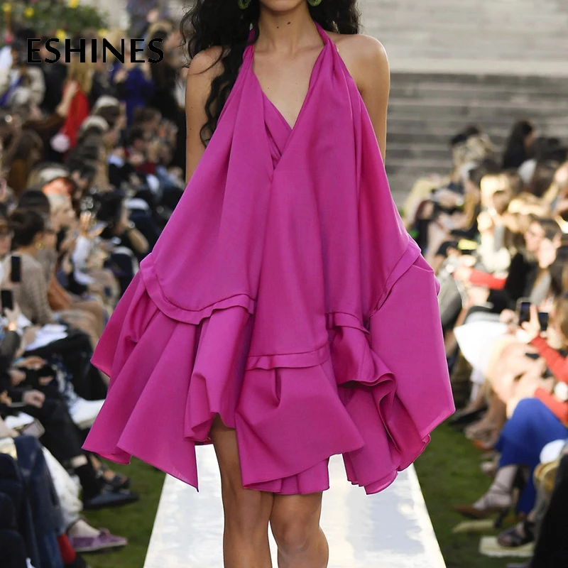 

ESHINES Runway Designer Sexy Fuchsia V-Neck Mini Dress Summer Halter Sleeveless Backless Loose Hem Dress Bohemian Beach Dress
