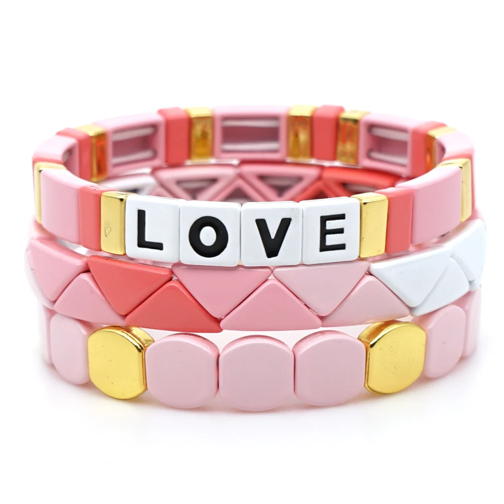 

Shinus LOVE Letter Bracelets Women Pink Enamel Tile Bracelet Romantic Handmade Armband Jewelry Fashion Cuff Bangles Stackable