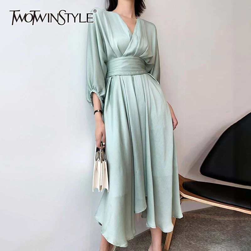 TWOTWINSTYLE Elegant Dresses For Women V Neck Lantern Sleeve High Waist Lace Up Ruched Dress Female 2020 Summer Fashion New TWOTWINSTYLE Elegant Dresses For Women V Neck Lantern Sleeve High Waist Lace Up Ruched Dress Female 2020 Summer Fashion New