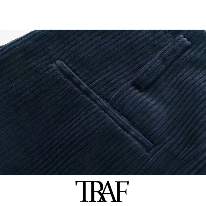 TRAF, женские винтажные элегантные офисные вельветовые широкие брюки, модные штаны с высокой талией на молнии, женские брюки с карманами
