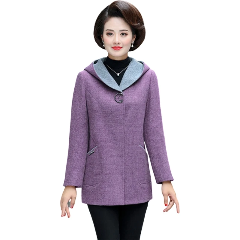 Plus size Middle-aged women Woolen coat New Autumn Winter Jacket Coats Noble Womens Wool coats Loose Hooded Overcoats 5XL F1124