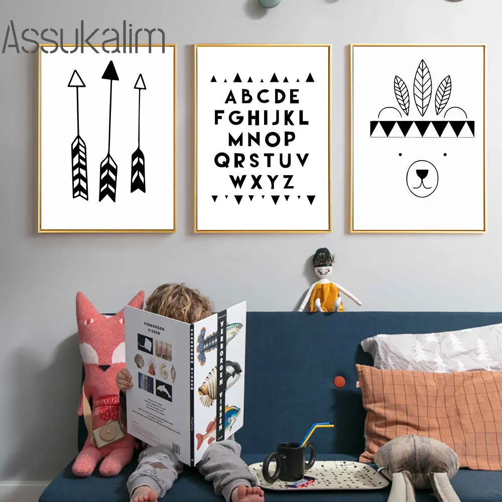 Настенная картина черно белая детская рисунок медведя стрелы цитаты настенные