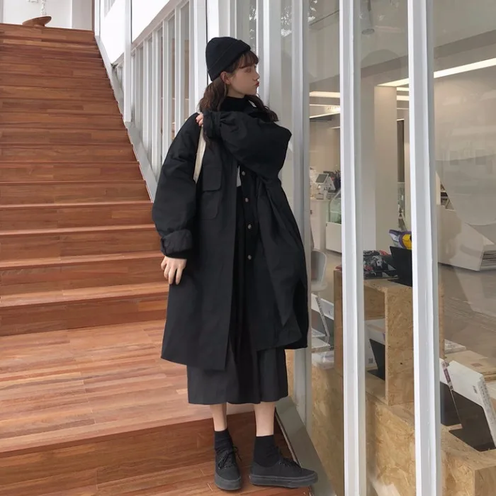 

Korean-style Spring Retro Loose-Fit Mid-length Fold-down Collar Single Breasted Pocket Warm Padded Workwear Trench Coat Cotton C