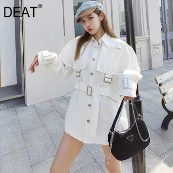 

DEAT New Autumn And Winte Fashion Casual Long Sleeve Buckle Pocket Pockets Sashes Solid Color Loose Shirt Top Women SF488