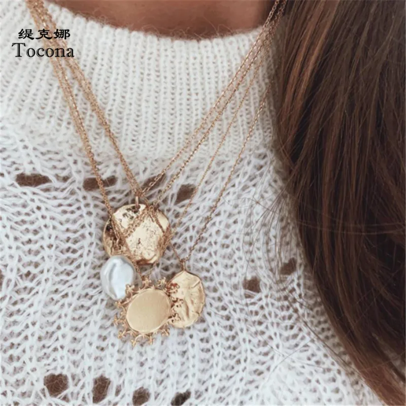 

Tocona Charms Gold Color Neckalce for Women Natural Stone Pearl Sun Geometry Pendants Chockers Jewelry Wholesle Mothers Day 8258