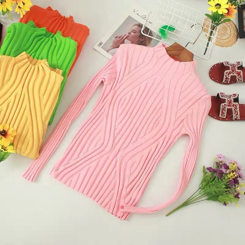 Knit sweater thin Tight Women Spring Autumn New High Collar Long Sleeve Knitwear Sweater Sweet Slim Solid Color tops | Женская одежда